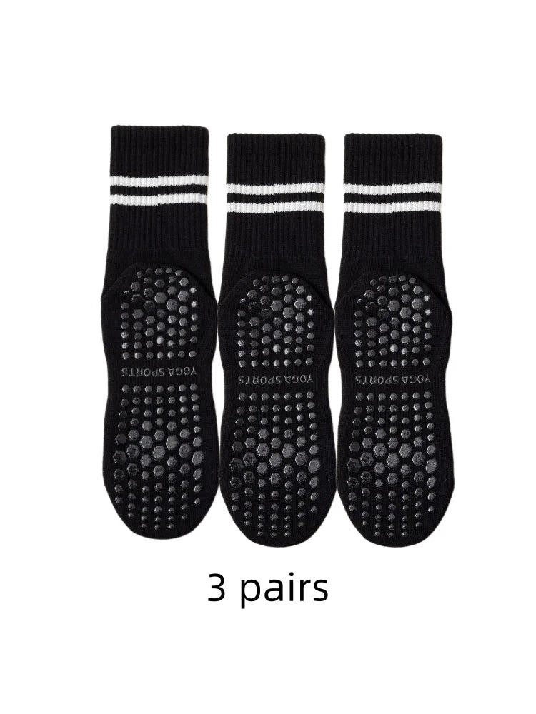 3-Pair Female Pilates Indoor Anti Slip Silicone Floor Socks Breathable Double Bar Middle Socks Fitness Dance Exercise Yoga Socks