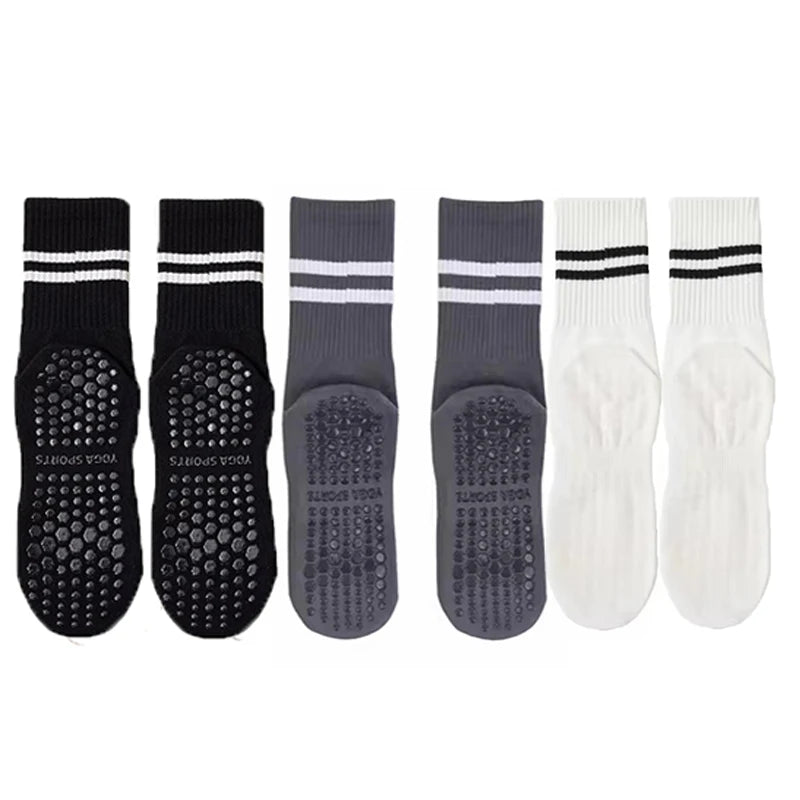 3-Pair Female Pilates Indoor Anti Slip Silicone Floor Socks Breathable Double Bar Middle Socks Fitness Dance Exercise Yoga Socks