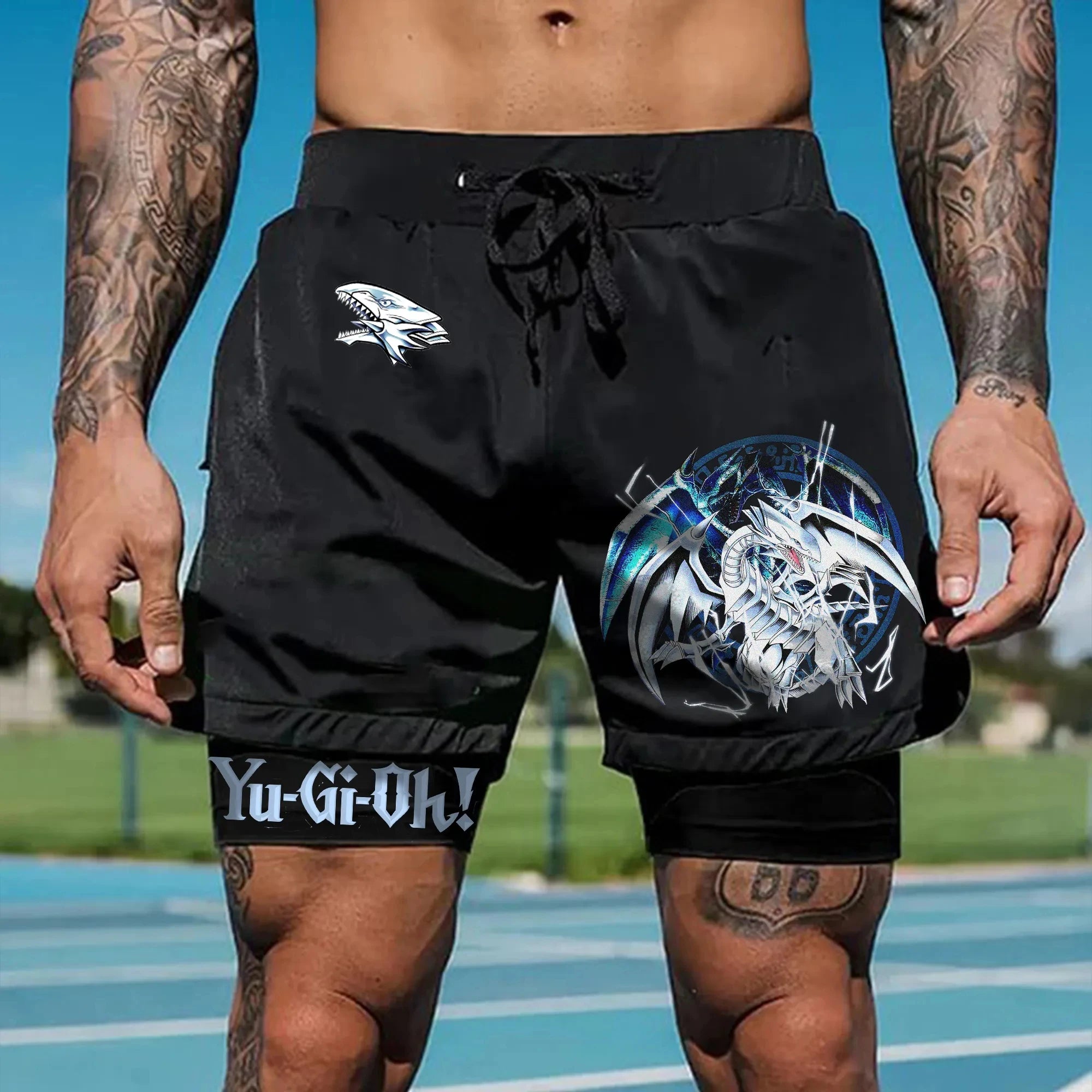 Men 2 in 1 Shorts Black Outer Layer YuGiOh Monster Graphic