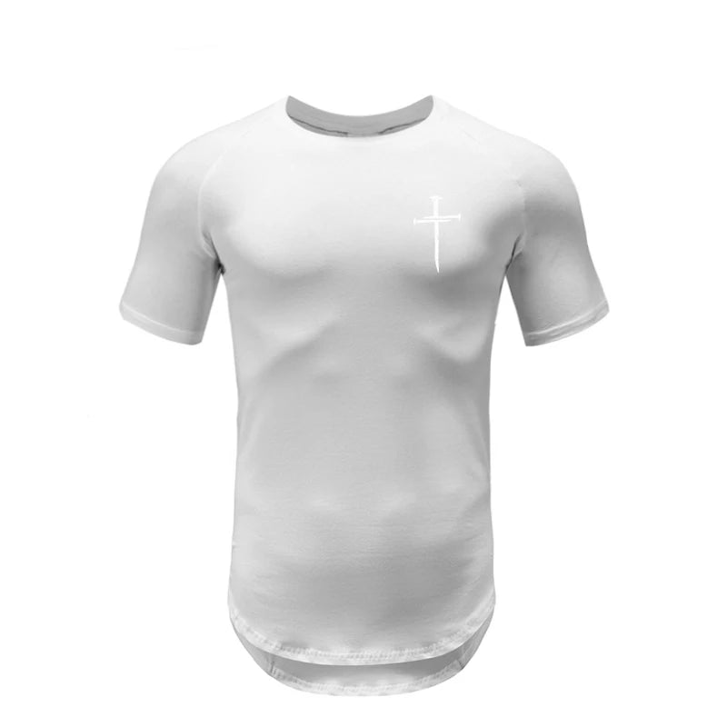 Personalized Cross Print Short Sleeve Shirt Mens Bodybuilding Muscle Sport T-Shirt Gym Fitness Cotton Breathable Slim Fit Tops