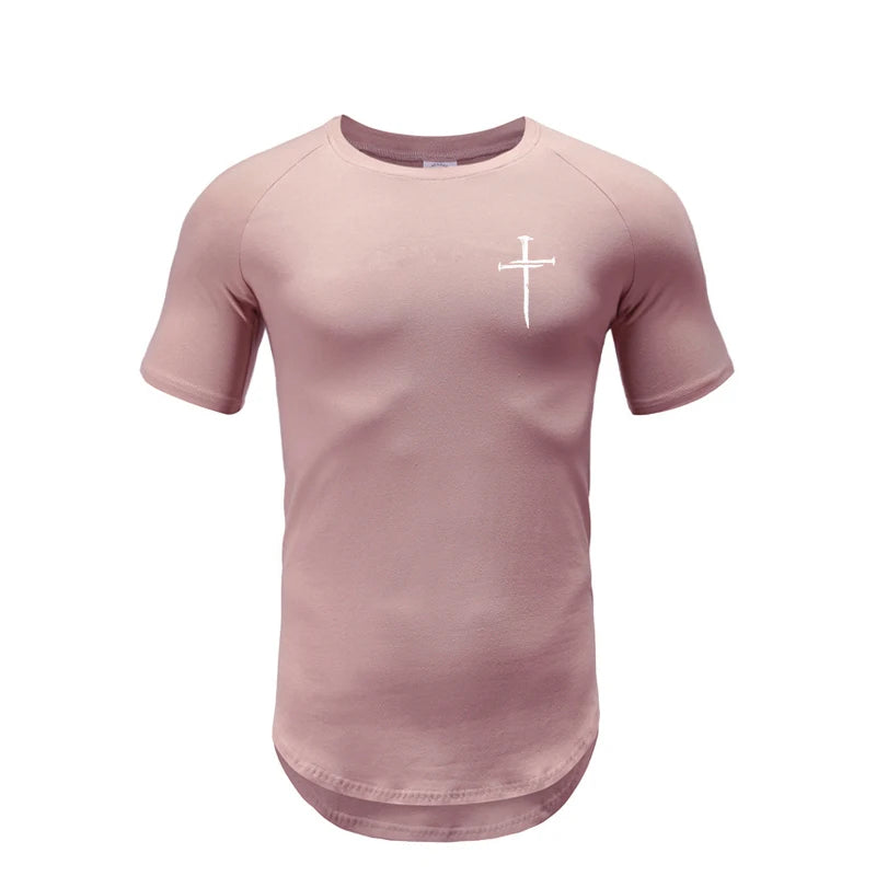 Personalized Cross Print Short Sleeve Shirt Mens Bodybuilding Muscle Sport T-Shirt Gym Fitness Cotton Breathable Slim Fit Tops