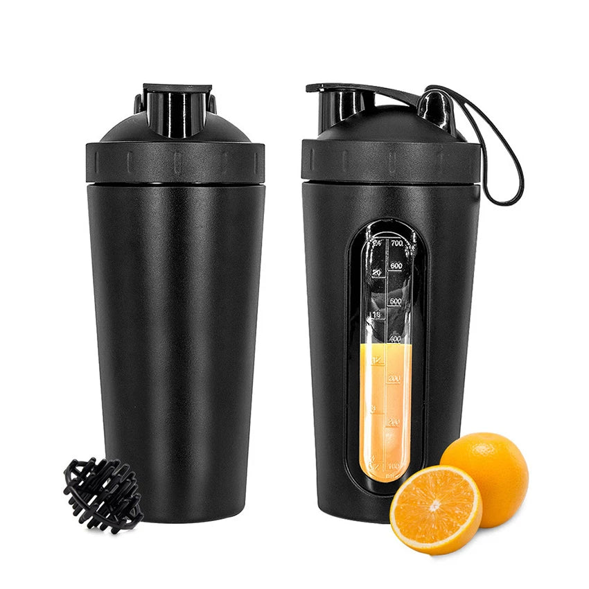 1Pc 700ML Stainless Steel Sports Water Mugs Shaker Bottles With Scale, Outdoor Gym Fitness Shake Cup Protein Powder Mixer Bottle
