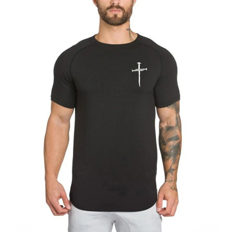 Personalized Cross Print Short Sleeve Shirt Mens Bodybuilding Muscle Sport T-Shirt Gym Fitness Cotton Breathable Slim Fit Tops