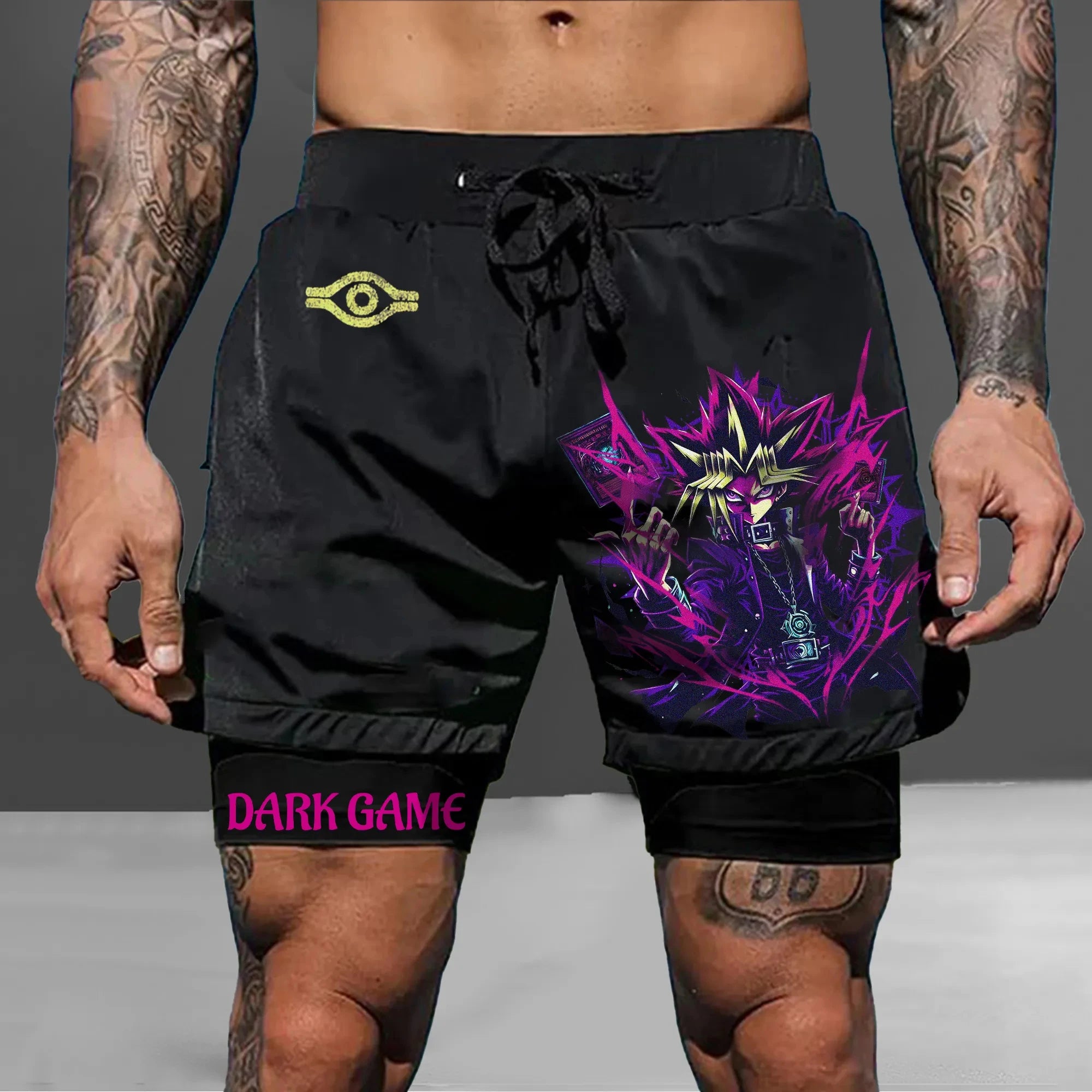 Men 2 in 1 Shorts Black Outer Layer YuGiOh Monster Graphic