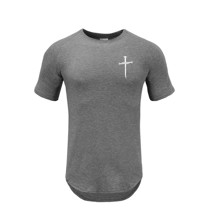 Personalized Cross Print Short Sleeve Shirt Mens Bodybuilding Muscle Sport T-Shirt Gym Fitness Cotton Breathable Slim Fit Tops