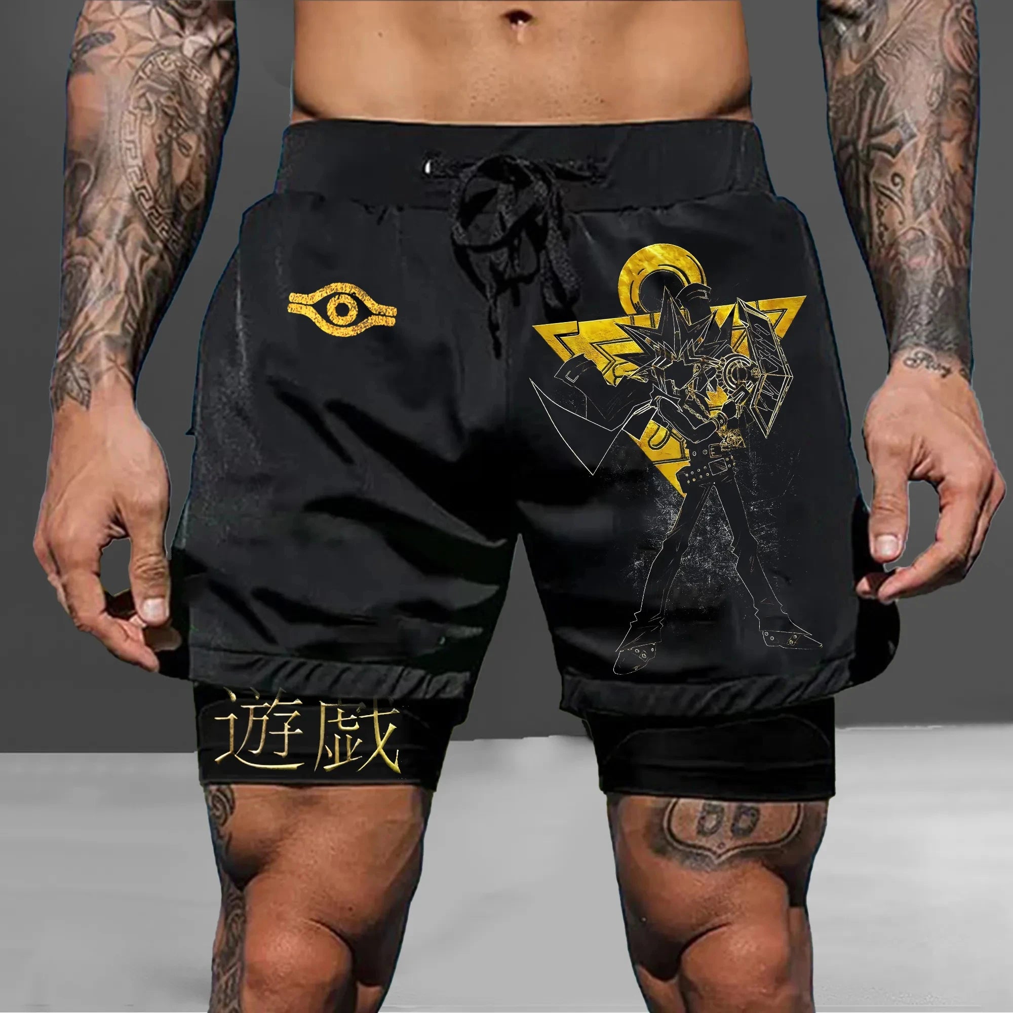 Men 2 in 1 Shorts Black Outer Layer YuGiOh Monster Graphic