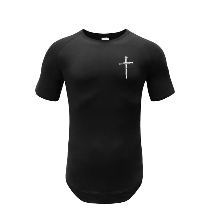 Personalized Cross Print Short Sleeve Shirt Mens Bodybuilding Muscle Sport T-Shirt Gym Fitness Cotton Breathable Slim Fit Tops