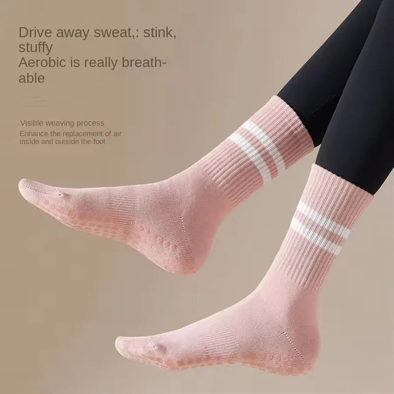 3-Pair Female Pilates Indoor Anti Slip Silicone Floor Socks Breathable Double Bar Middle Socks Fitness Dance Exercise Yoga Socks