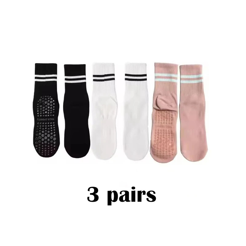 3-Pair Female Pilates Indoor Anti Slip Silicone Floor Socks Breathable Double Bar Middle Socks Fitness Dance Exercise Yoga Socks