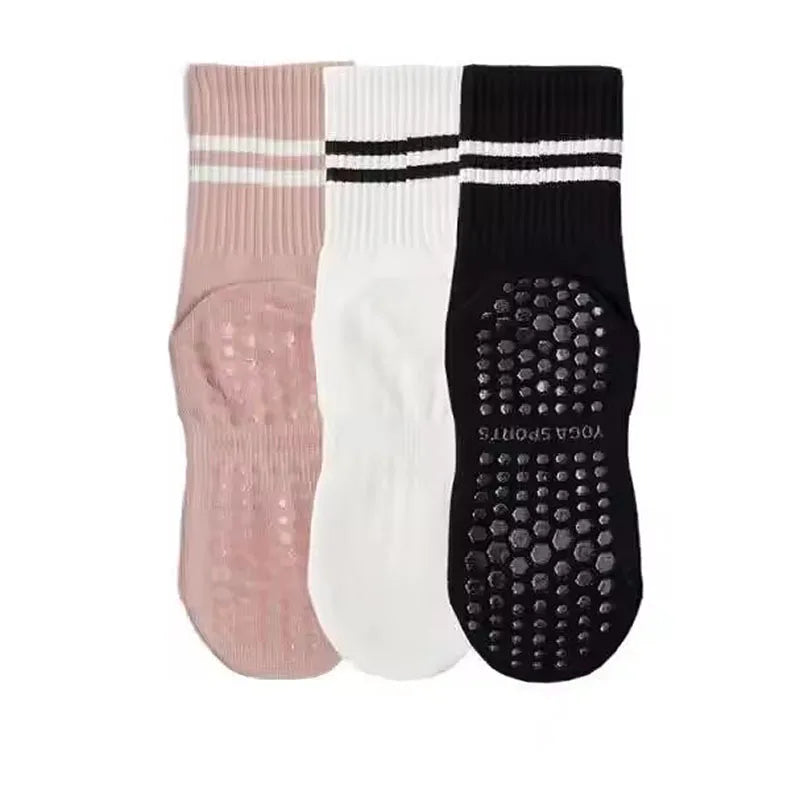 3-Pair Female Pilates Indoor Anti Slip Silicone Floor Socks Breathable Double Bar Middle Socks Fitness Dance Exercise Yoga Socks