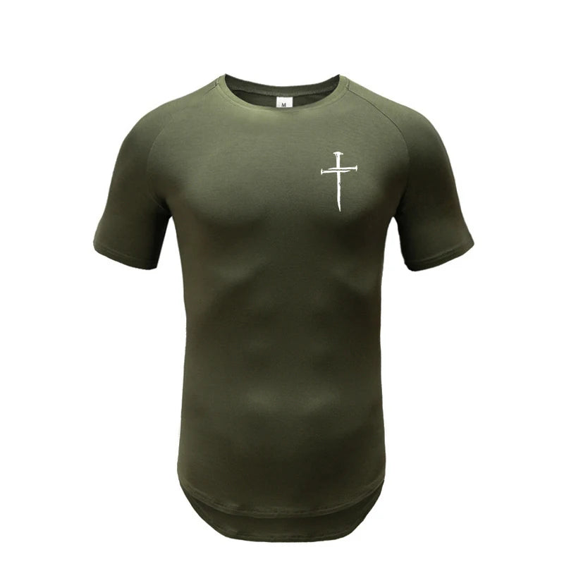 Personalized Cross Print Short Sleeve Shirt Mens Bodybuilding Muscle Sport T-Shirt Gym Fitness Cotton Breathable Slim Fit Tops