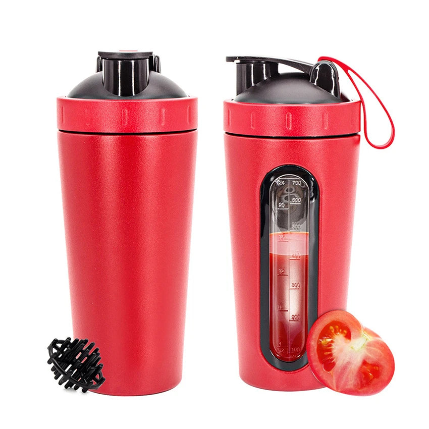 1Pc 700ML Stainless Steel Sports Water Mugs Shaker Bottles With Scale, Outdoor Gym Fitness Shake Cup Protein Powder Mixer Bottle